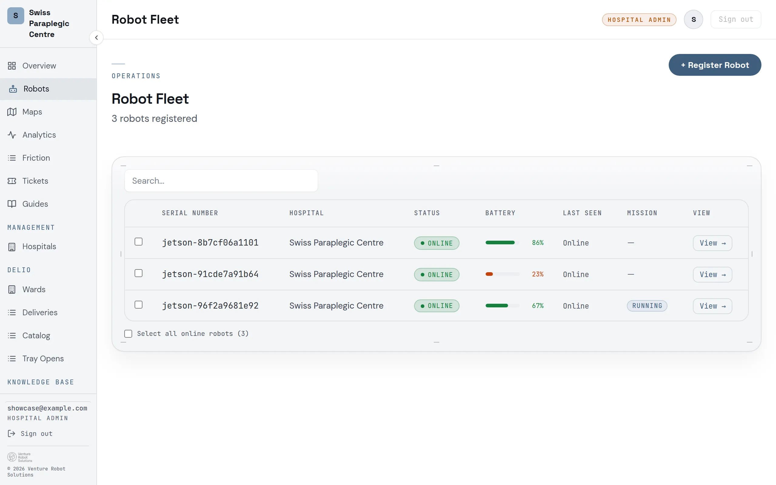 Dashboard robot list: each robot with its status and battery level