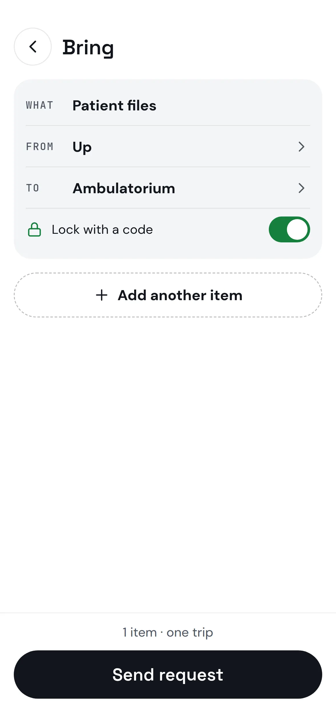 Staff app: a new delivery to a ward, with the tray locked by a code