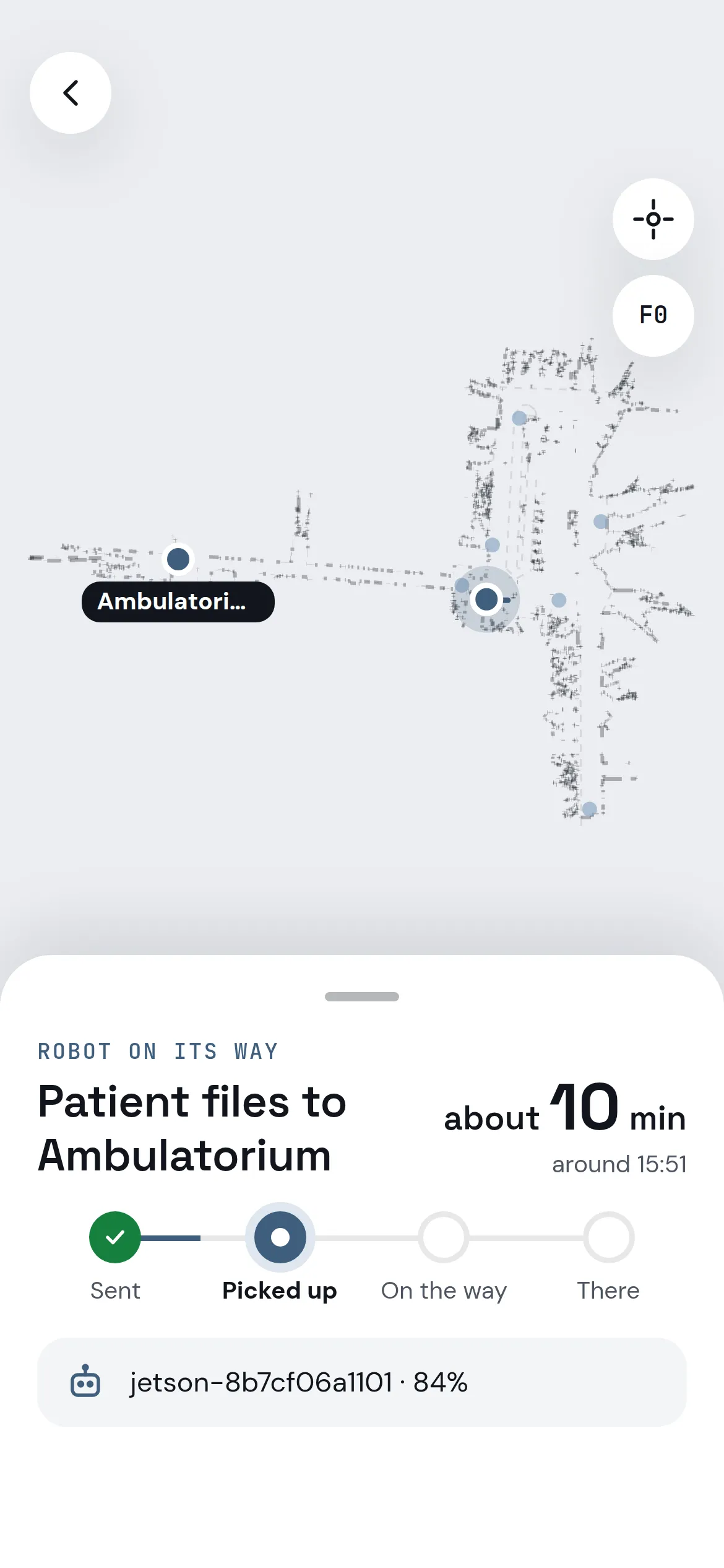 Staff app tracking: the robot on its way to collect the delivery, with arrival time