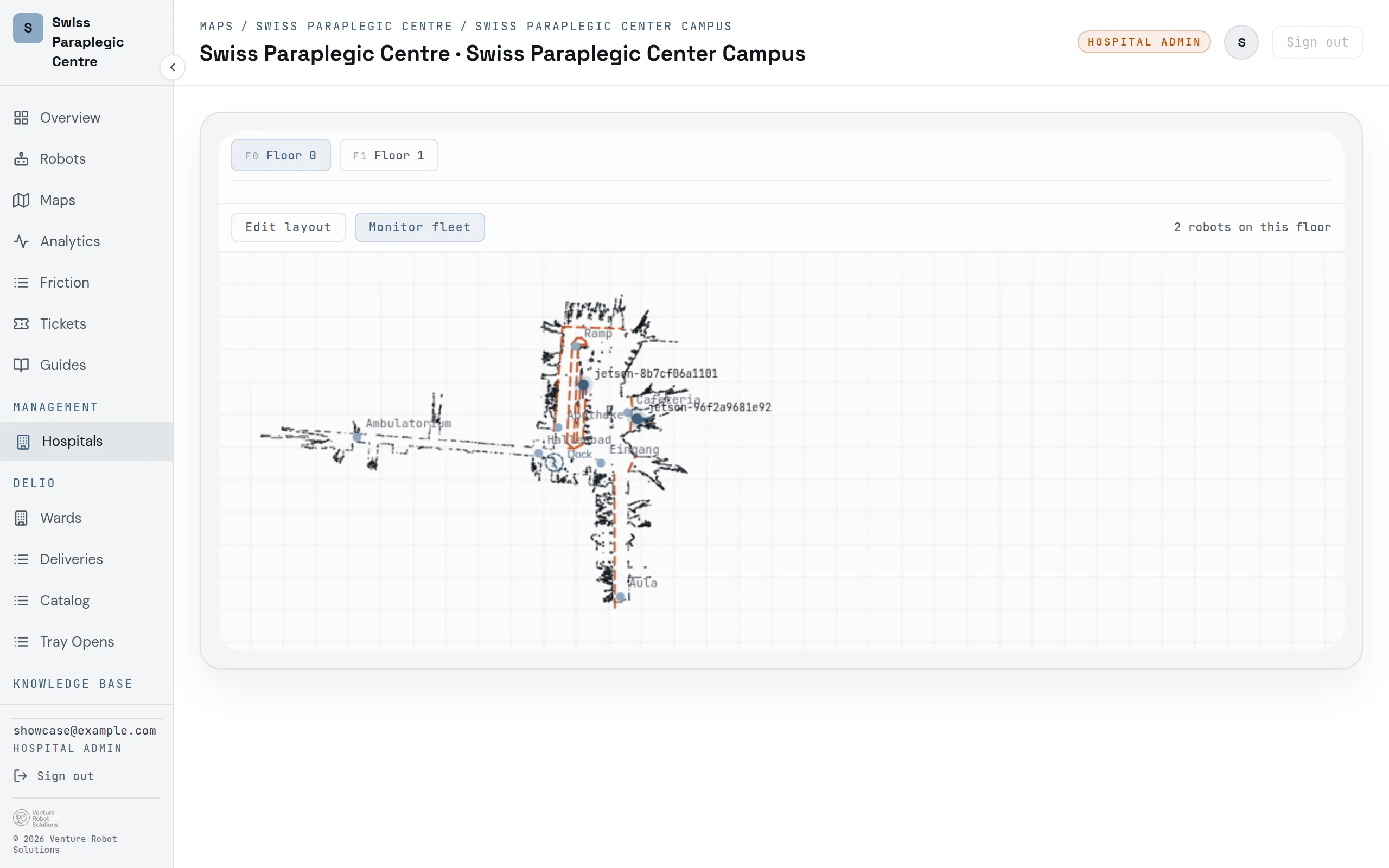 Dashboard building map: floor tabs and the robot live on floor 0