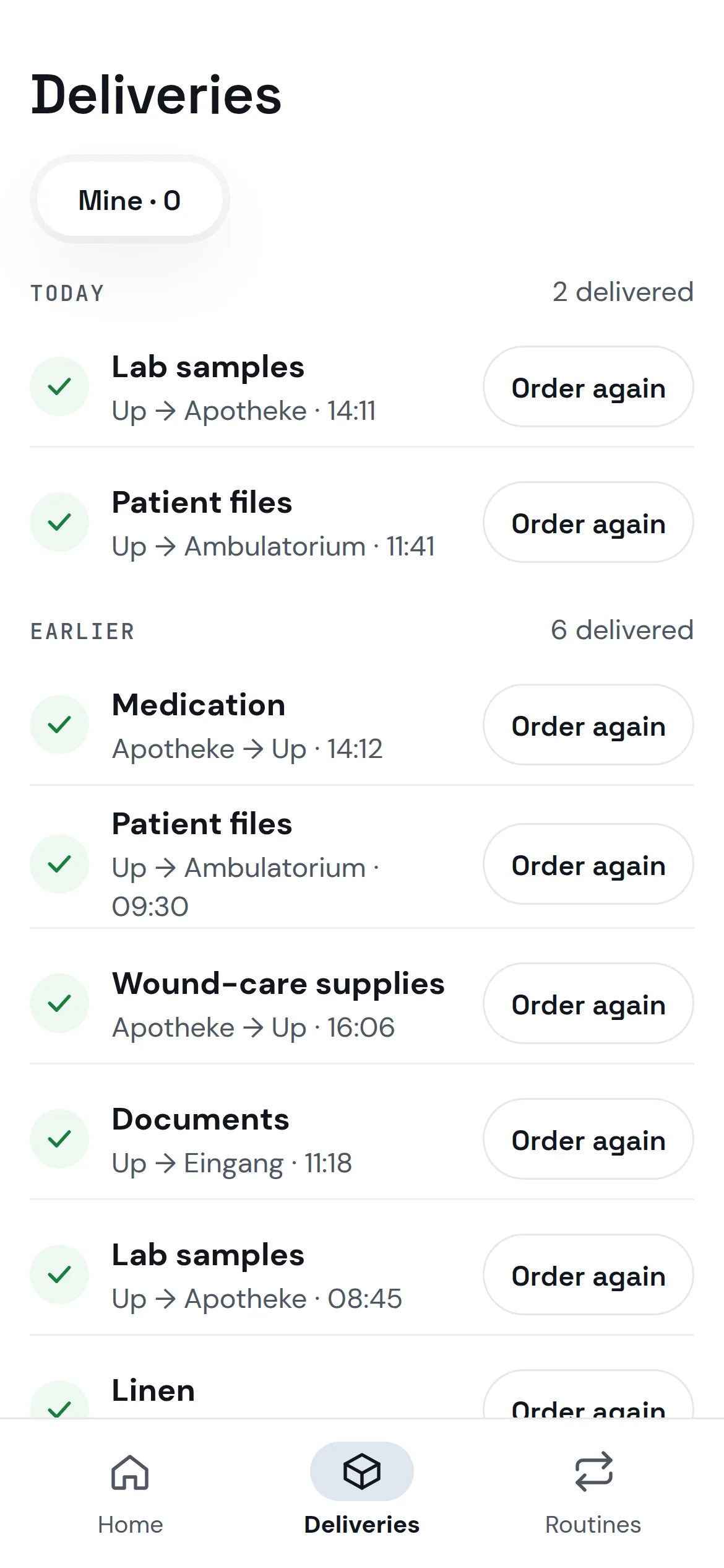 Staff app: a delivered order, ready to order again
