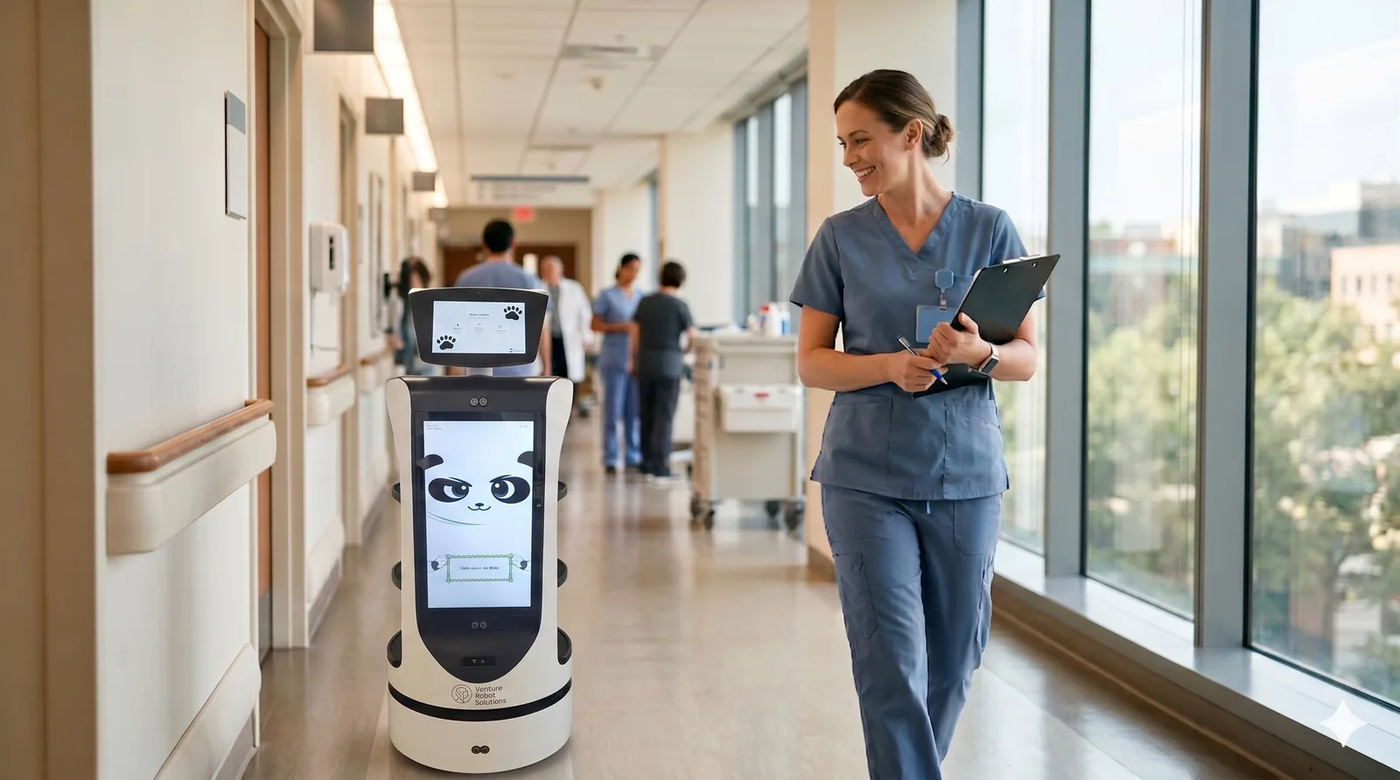 Care OS robot assisting a nurse in a hospital corridor