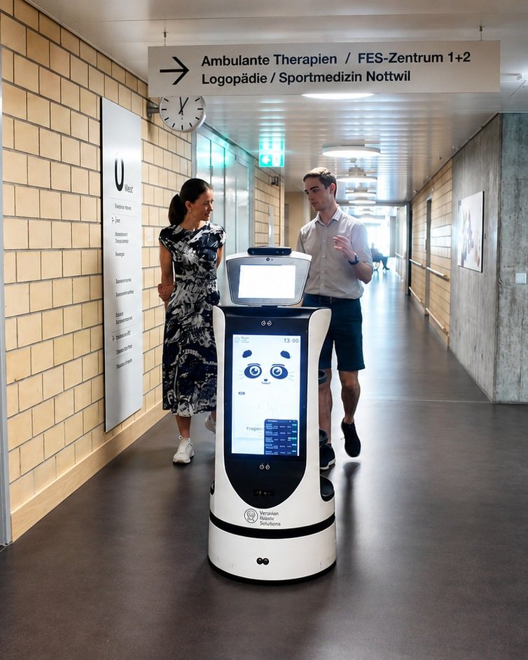 The robot on a mission in a Swiss Paraplegic Centre corridor, two people walking alongside it