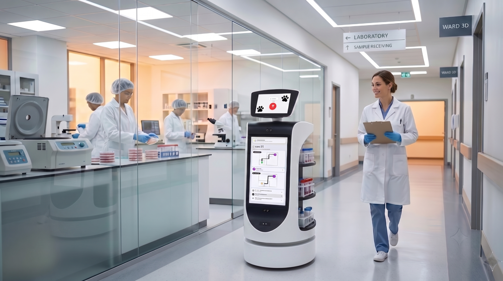 Care OS robot delivering supplies through a hospital corridor