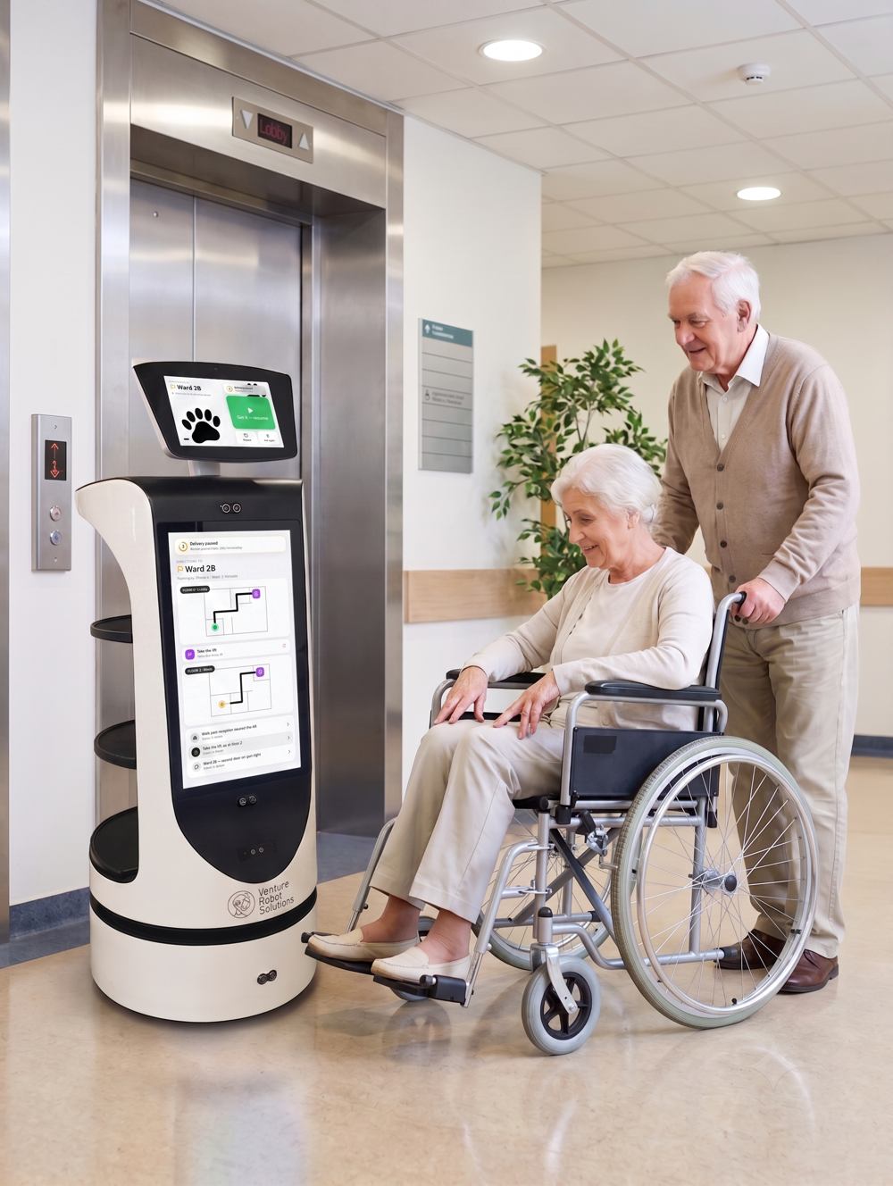 Care OS robot guiding an elderly patient to a ward at the elevator
